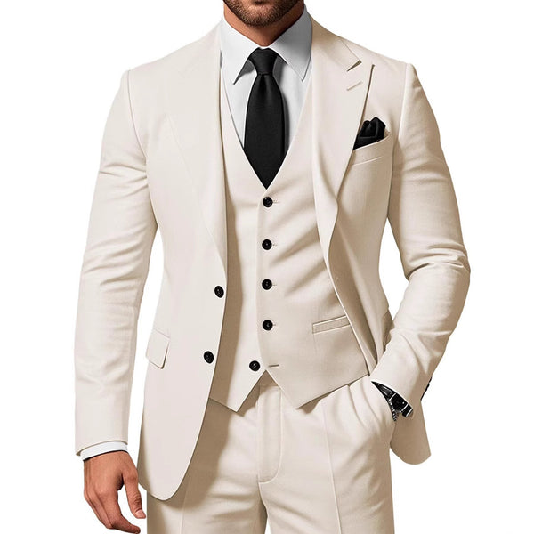 Beige suit with black tie and pocket square on a white background