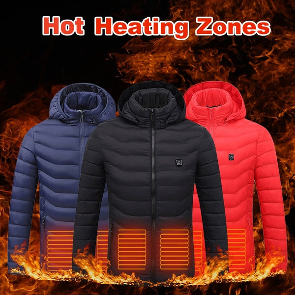 Three heated jackets in blue, black, and red with glowing heating zones on a fiery background.