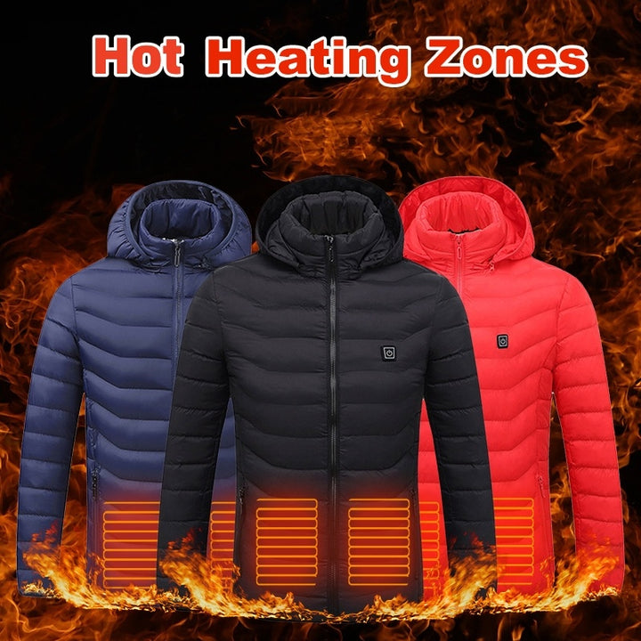 Three heated jackets in blue, black, and red with glowing heating zones on a fiery background.