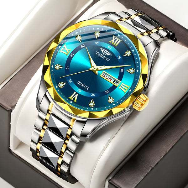 LuxeNova men’s watch with Chinese and English calendar display, diamond-accented shell, and classic design on a white background