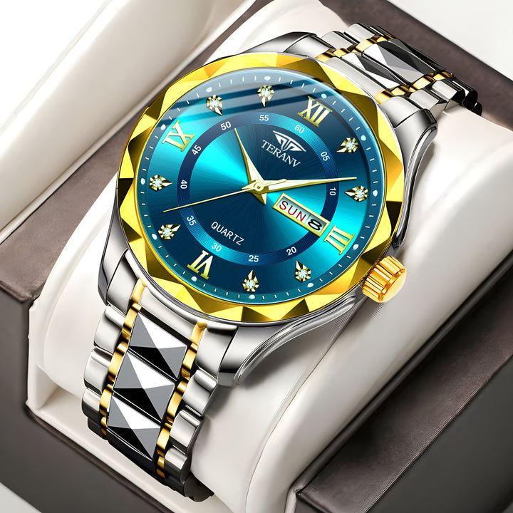 LuxeNova men’s watch with Chinese and English calendar display, diamond-accented shell, and classic design on a white background