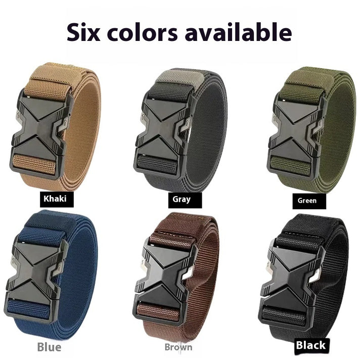 Six different colored belts with black buckles on a white background, labeled as Khaki, Gray, Green, Blue, Brown, and Black.
