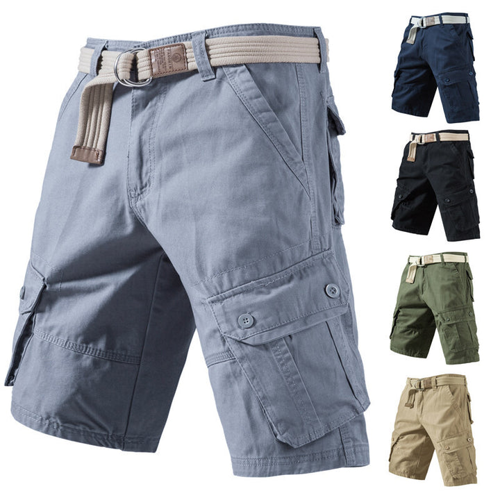 Men’s summer blue cargo shorts with pockets, multiple colors available, displayed on white background