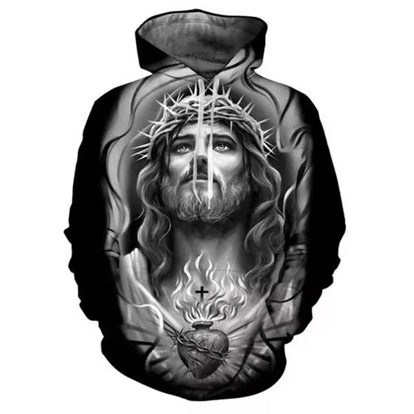 Men’s black and white zip-up hoodie with Jesus graphic – LuxeNova streetwear front view
