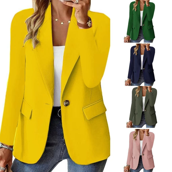Elegant yellow women’s blazer worn by a model, with other color options displayed on a white background