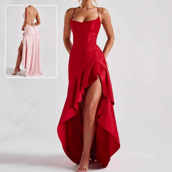 Red evening gown with a high slit, displayed on a white background