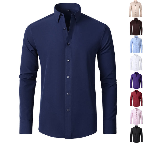 Navy blue dress shirt with additional shirts in various colors displayed on a white background.
