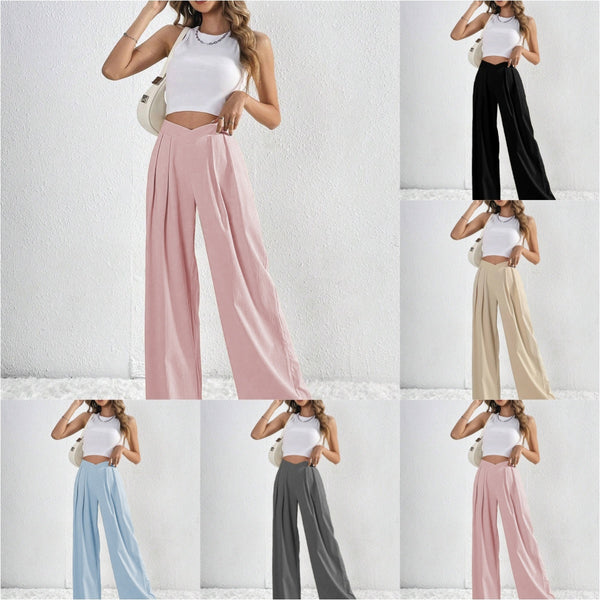 Collage of a woman wearing different colored wide-leg pants with a white top against a white background.