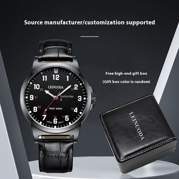 Black wristwatch with leather strap and matching box on a dark background