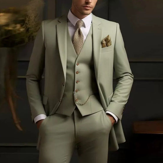 Man wearing a light green suit with a patterned tie and pocket square against a dark background.